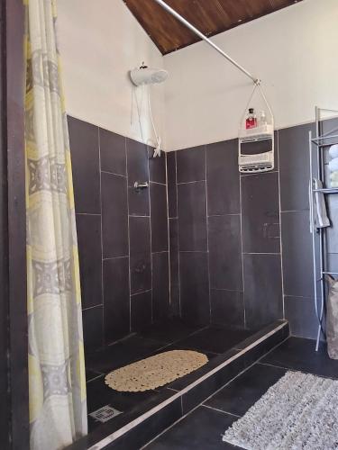 a bathroom with a shower with a black tiled wall at Apartamento Céntrico con Vista in Heredia