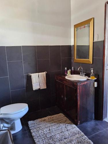 a bathroom with a sink and a toilet and a mirror at Apartamento Céntrico con Vista in Heredia