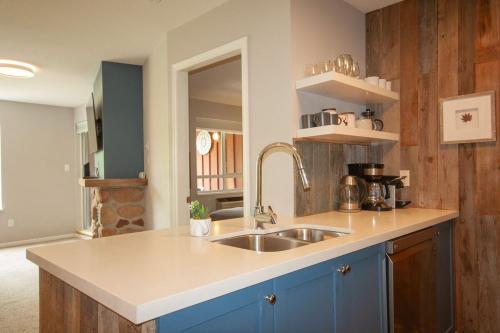 a kitchen with a sink and a counter top at 2BR Deer Lodge, Epic Location, Private Covered Patio, Free Parking in Whistler