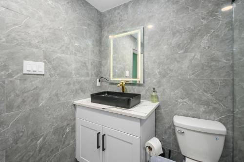 a bathroom with a toilet and a sink and a mirror at West U Studio, Near Med Center, Stadiums & Zoo in Houston