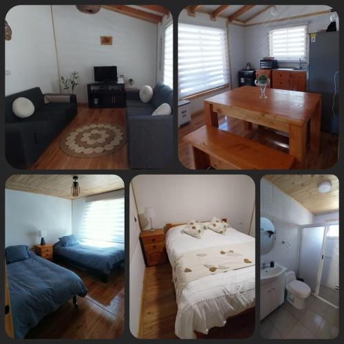 a collage of four pictures of a living room at Cabaña Rosy in El Cerrillo