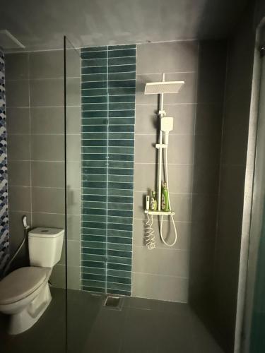 La salle de bains est pourvue de toilettes et d'une cabine de douche en verre. dans l'établissement The Paddys Home, à Hiếu Nhơn