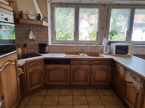une cuisine avec un évier et un micro-ondes dans l'établissement Holiday Home in Reipertswiller near Castle, à Reipertswiller