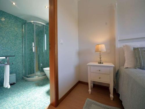 Schlafzimmer mit einem Bad mit Dusche und einem Bett in der Unterkunft Charming Caminha Villa 4 Bedrooms Villa Caminha View Private Pool in Caminha