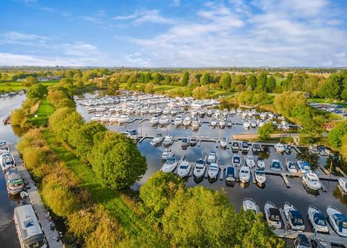 an aerial view of a marina with boats docked at York Marina in Naburn