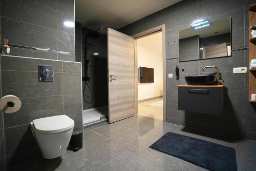 a bathroom with a toilet and a sink at Chic Loft Facing Neo-Gothic Church in Ghent