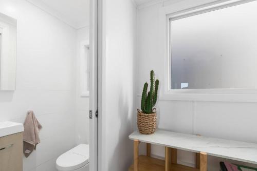 a bathroom with a toilet and a cactus at 'Bulli Escape' Bright Beachfront Stay & Scenic Views in Bulli