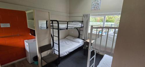 a dorm room with two bunk beds and a window at Alpine Holiday Apartments & Campground in Hanmer Springs