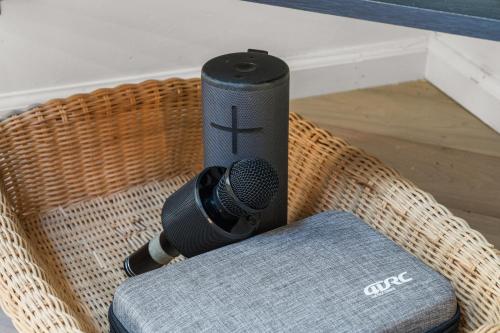 a microphone sitting in a wicker chair with a microphone at Hideaway Hot Tub Sunna Lake Kayaks Pool in Bushkill