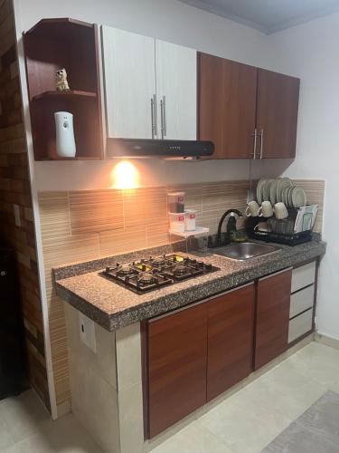 a kitchen with a stove and a counter top at Apartaestudio tipo loft in Bucaramanga
