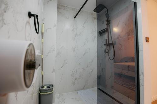 a shower with a glass door in a bathroom at Casa Ilinca in Filioara