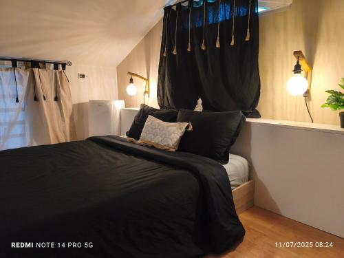 a bedroom with a black bed with black curtains at Damaniel * Ze Détente * Jacuzzi* in Le Tampon