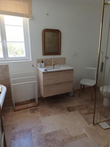 une salle de bain avec un lavabo et un miroir dans l'établissement Charmant T1 en Provence Verte, à Carcès