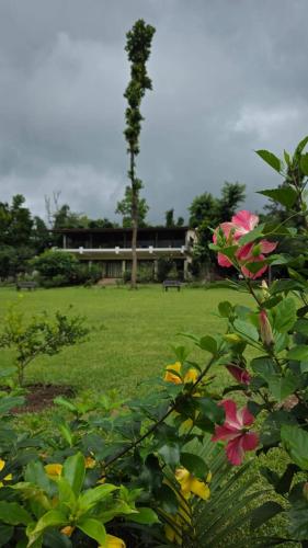 a park with flowers and a building in the background at Hideaway By Aahma in Rāmnagar