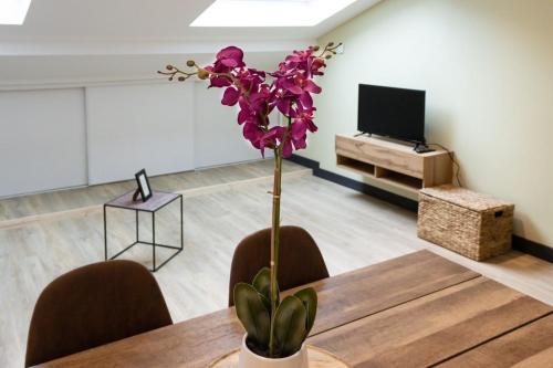 a living room with a table and a tv at La Cambuse - centre ville - 3 étoiles in Bourg-en-Bresse