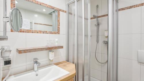 ein Bad mit einem Waschbecken und einer Dusche in der Unterkunft Belchenhotel Jägerstüble in Aitern