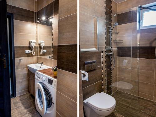 two pictures of a bathroom with a toilet and a shower at Apartament Skandynawski in Władysławowo