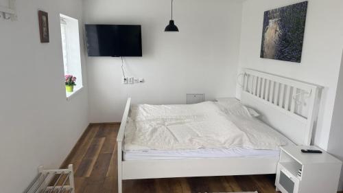 a bedroom with a white bed and a tv on the wall at Ubytování U Kocábů in Drnholec