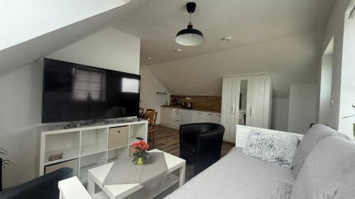 a living room with a couch and a flat screen tv at Ubytování U Kocábů in Drnholec