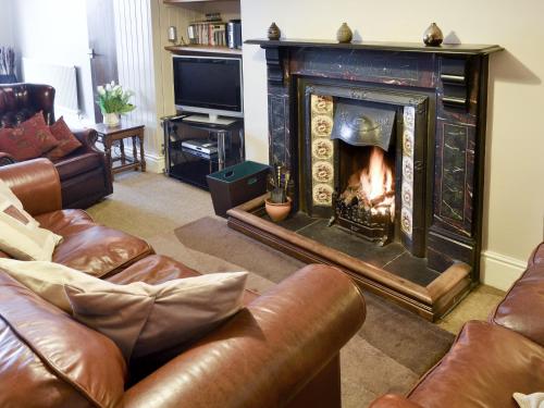 a living room with a fire in a fireplace at Llys Aled in Llanedwen
