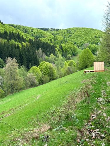 a wooden cabin on a hill with a green field at Domček Lazy in Lazy pod Makytou