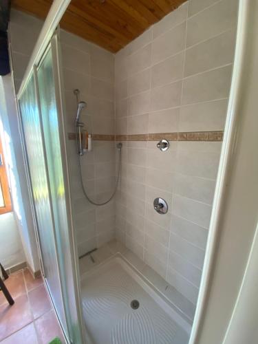 a bathroom with a shower with a glass door at Tente tipi en forêt de châtaigniers in Dompnac