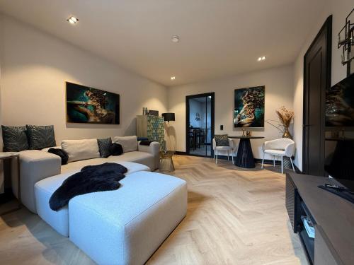 a living room with a white couch and a tv at * Stadtvilla Plauen * * außergewöhnlich * 2 Zimmerwohnung * Zentrumsnah in Plauen