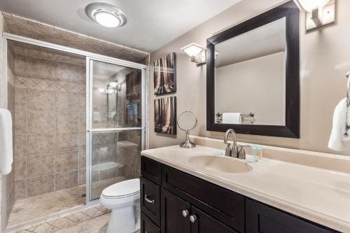 a bathroom with a sink and a toilet and a shower at Buckanoe Condo -Hiking Trails Wood-Burning Fireplace Community Pools in Holcomb