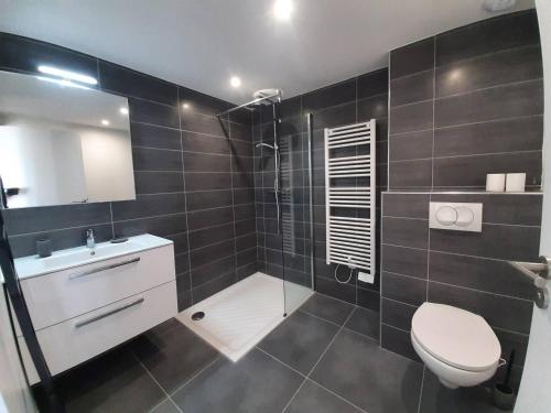 une salle de bain avec une douche, des toilettes et un lavabo dans l'établissement Charmant T2 dans une résidence neuve avec piscine, à Calvi