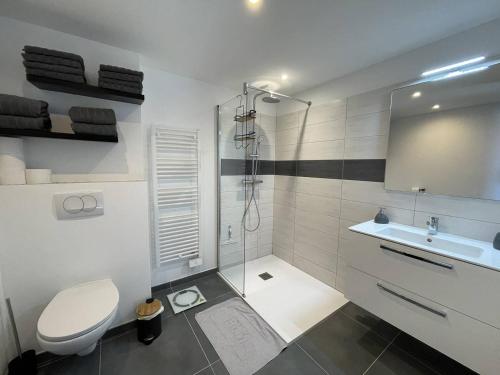 une salle de bain avec une douche, des toilettes et un lavabo dans l'établissement Appartement T2 vue mer et citadelle, à Calvi