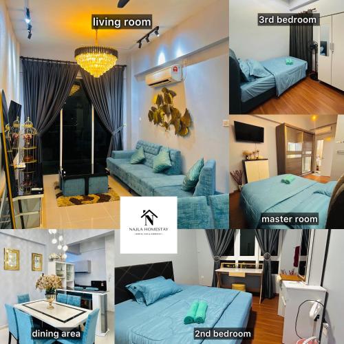 a collage of photos of a bedroom and a living room at Najla Homestay in Sandakan