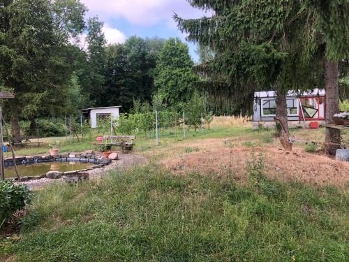 a garden with a pond in the middle of a field at Harzbett in Sinsleben