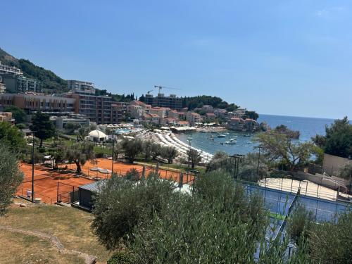 a view of a harbor with boats in the water at Studio Sea View Steps to Przno beach w Parking Villa Olive in Pržno