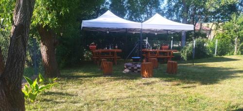 a tent with a table and chairs in a yard at KOÓS VENDÉGHÁZ in Uppony