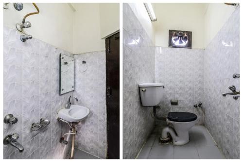 two pictures of a bathroom with a toilet and a sink at Hotel O Surya in Ludhiana