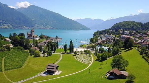 a view of a town with a lake and mountains at BERG & BERG APARTMENTS - Spiez Self-Check-in in Spiez