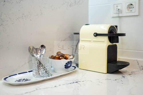 a kitchen counter with a juicer and a bowl of utensils at Avalón I By Silastur in Villaviciosa