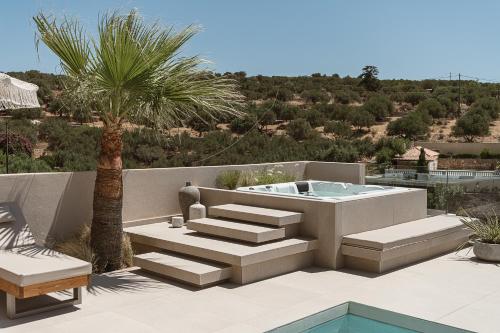 a patio with a hot tub and a palm tree at Villa Niolos I in Marathi