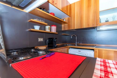 a kitchen with a stove and a red towel on the counter at Dolomite View Loft in Colle Santa Lucia