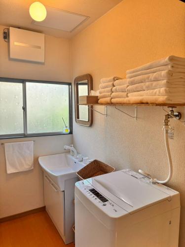 a small bathroom with a washing machine and a sink at MINI HOTEL totonoi ロウリュ式サウナのある静かな平屋 in Shimonoseki