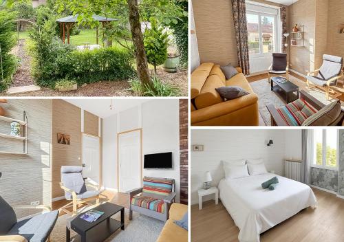 a collage of pictures of a bedroom and a living room at Maison cosy with private garden, 4 bedrooms, Wine Route in Nuits-Saint-Georges