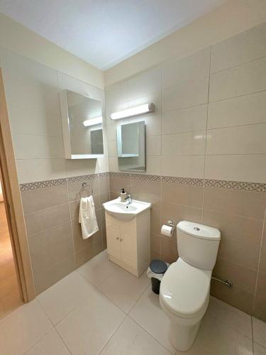 a bathroom with a toilet and a sink at Sunrise Palette Suites in Larnaca
