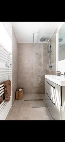 a bathroom with a shower and a sink at Intramuros Avignon House in Avignon