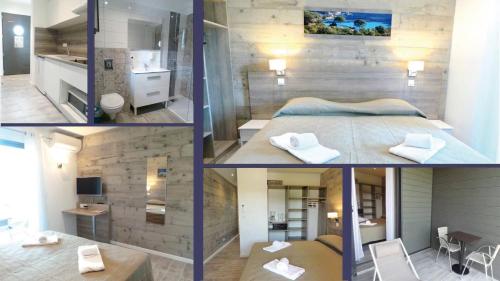 a collage of four pictures of a hotel room at Hotel Olmuccio in Sainte-Lucie de Porto-Vecchio