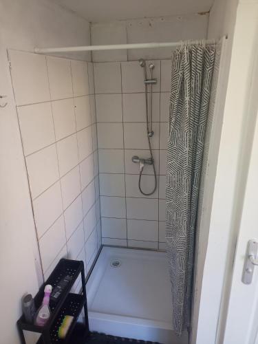 a small bathroom with a shower with a shower curtain at Zielony Port numer 2 in Władysławowo