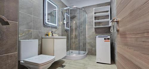 a bathroom with a toilet and a shower and a sink at WaterFront Apartment - Beach Pool & Spa Resort langa plaja in Mamaia Nord
