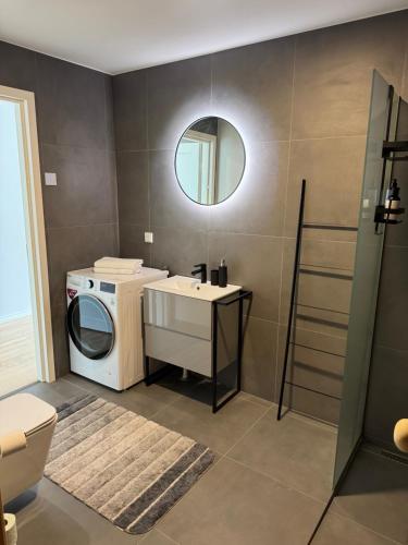a bathroom with a washing machine and a sink at Estonia Premium Living - Observatory Deluxe Stay in Tyravere