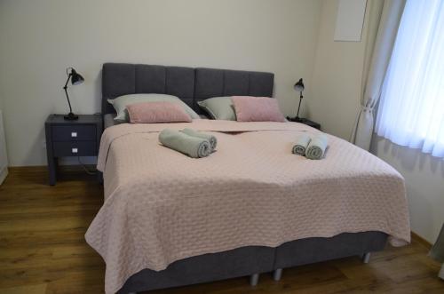 a bedroom with a large bed with two pillows on it at Ferienwohnung Mühlenanger in Quedlinburg