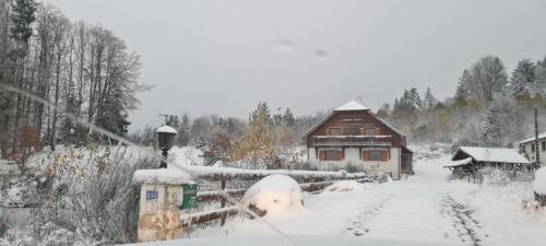 a house covered in snow next to a snow covered road at gîte des 1000 étangs in Saint-Bresson