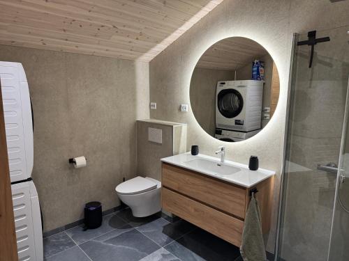 a bathroom with a sink and a toilet and a mirror at Living in a Nikolai Astrup motif 96m2 in Vassenden